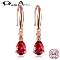 black angel 925 silver tourmaline red gemstone water drop shaped earrings for women 18k rose gold fashion jewelry wholesale