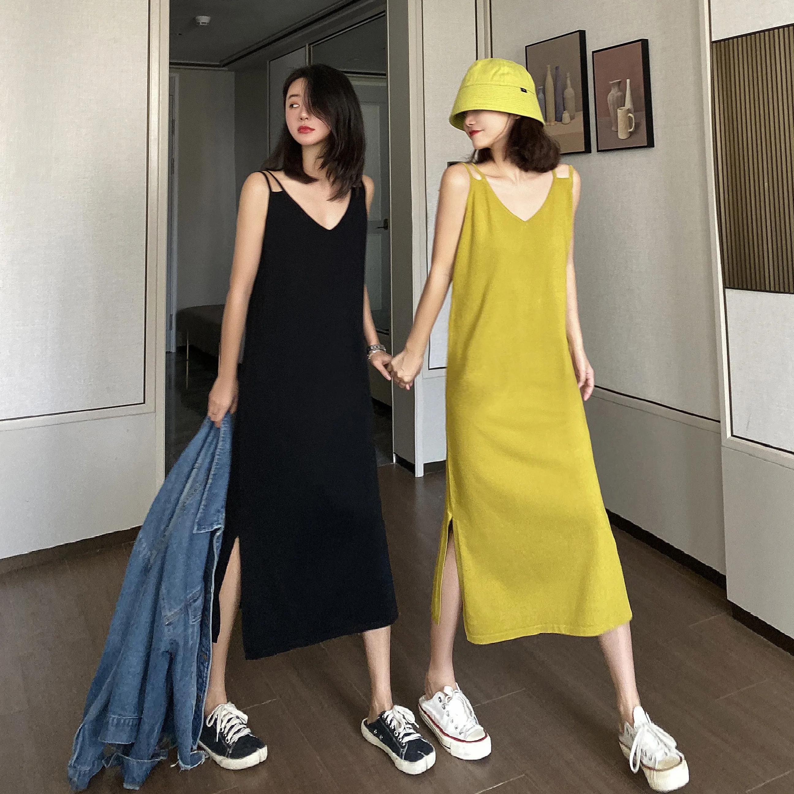 

2021 вязаное платье женское желтое длинное платье без рукавов вечерние сексуальные платья PL003