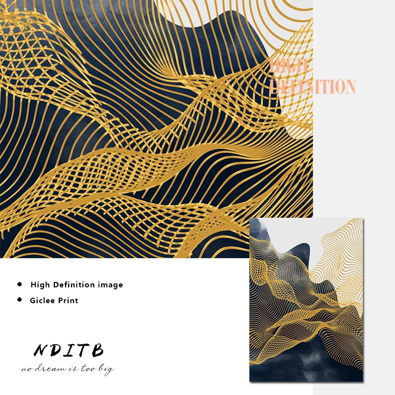 Абстрактная живопись Золотая линия скандинавский настенный постер на холсте