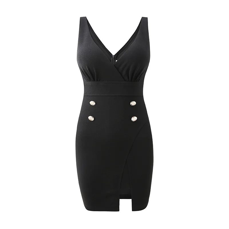 

Temperament Slit Party Office Dress Sexy Deep V Neck Sleeveless Button Chiffon Package Hip Slim Cocktail Dress Vetement Femme