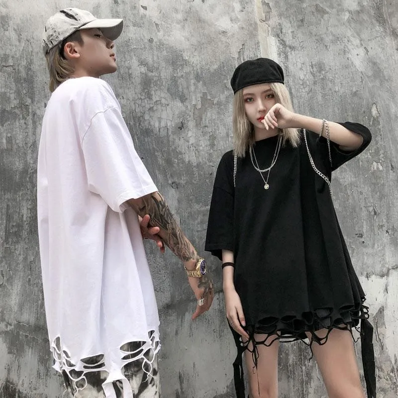 

streetwear tassel short-sleeve t shirt women tshirt tops t-shirt Korean style oversized couple top 2020 new o-neck womens tees