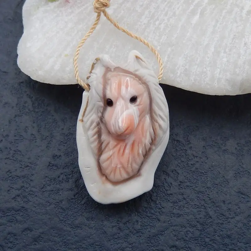 

Carved Animal Pendants,Natural Stone Pink Agate Carved Wolf Handmade Pendant Bead 30x19x15mm 7.4g
