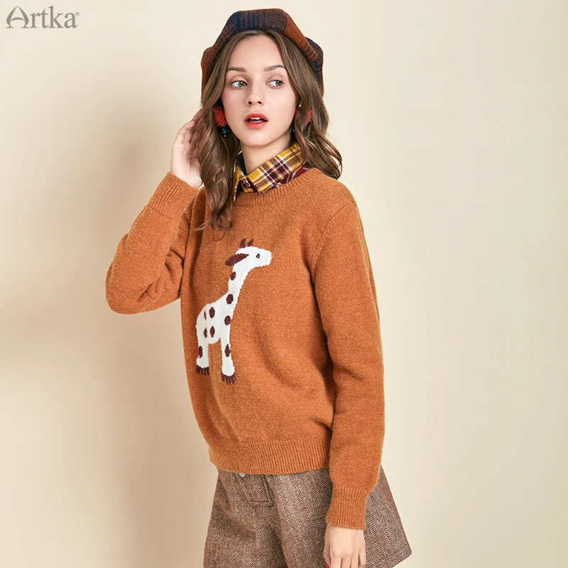 ARTKA 2019 Autumn Winter New Women Sweater Cute Animal O-Neck Pullover Long Sleeve Casual Loose Knitted YB11390Q | Женская одежда