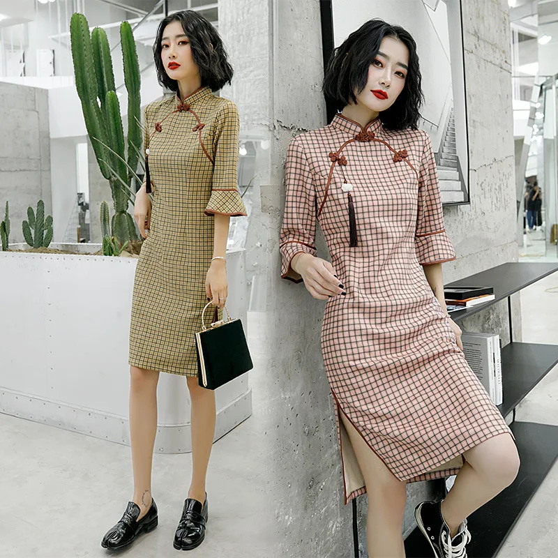 Sheng Coco Осень Последние оленьей плед Cheongsam Qipao платья современное улучшение листьев лотоса Ретро кисточки Восточное Платье До Колена
