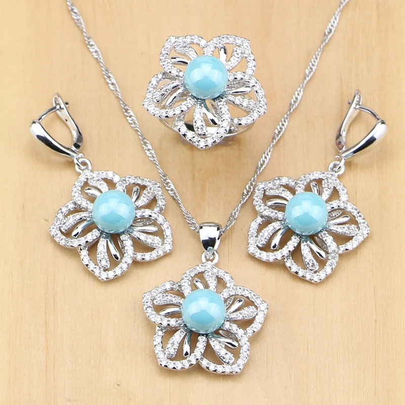 Цветок 925 Серебряные комплекты ювелирных изделий синий имитация жемчуга с бусины