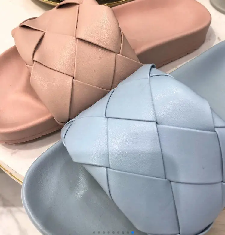 

New Woven Slipper Shoes Flat Open Toe Sheepskin Leather Pink Blue Genuine Leather Mules Comfortable Causal Sandals Beach Shoe