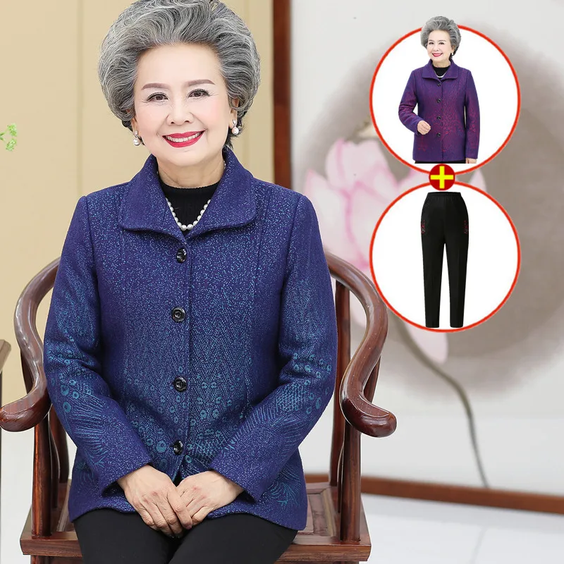 Elderly Women Spring Autumn Jacket 2021Middle-aged Mother Woolen Coat Grandmother Short Wool Outerwear Femme Plus Size 4XL 2074 | Женская