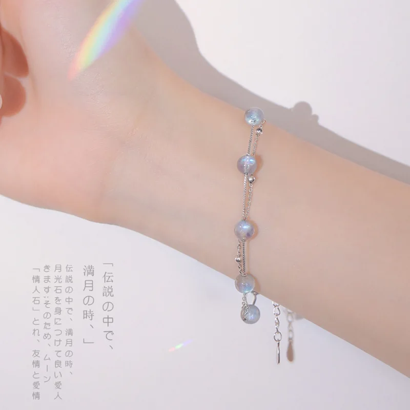 

S925 sterling silver double moonstone bracelet female Japan and Korea super fairy moonlight forest minority design hand ornament