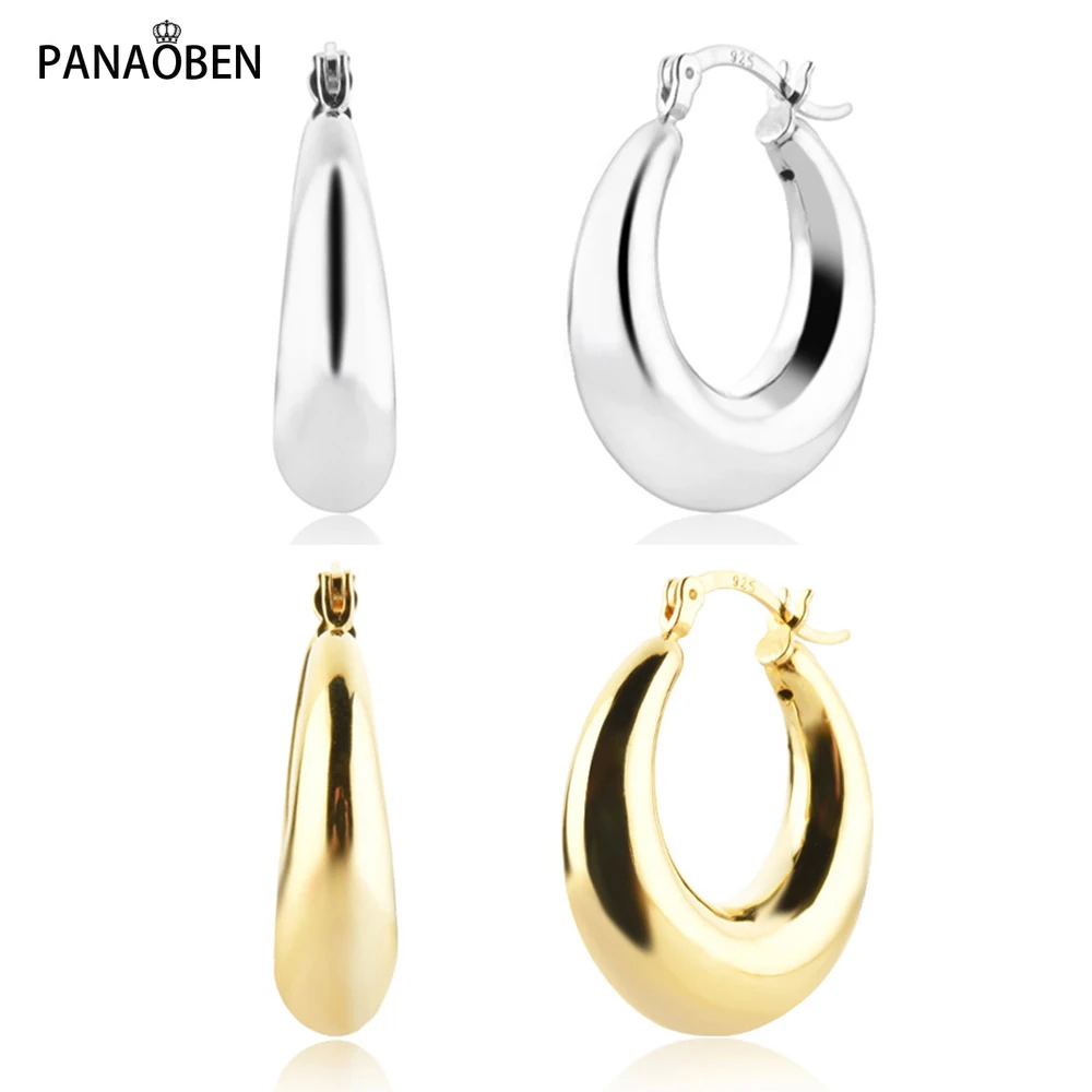 

PANAOBEN Real 925 Sterling Silver Gold Hollow Hoops 925 Earrings for Women Piercing Luxury Jewelry Clips Pendientes Circle Round