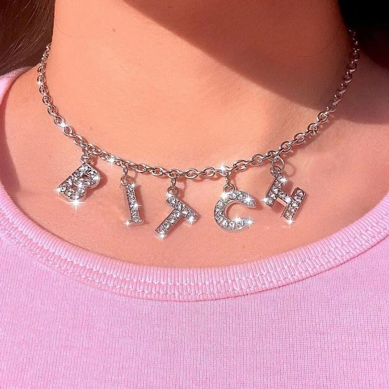 

New Trend Silver Color Alphabet Bitch Pendant Fun Game Statement Necklace Women Charm Party Clavicle Chain Jewelry Accessories