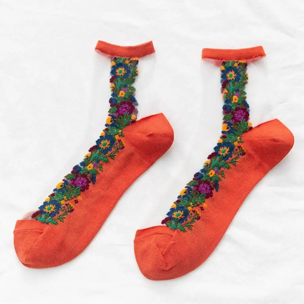 

2020 New Women Summer Thin Breathable Crystal Lace Glass Rose Silk Flower Ladies Short Thin Sexy Sheer Socks Dropshipping