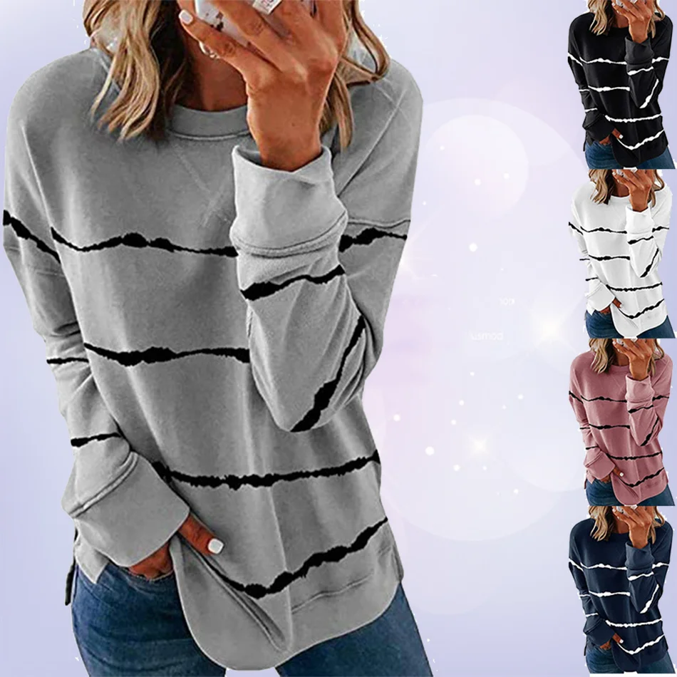 

Женский пуловер, Осень-зима 2021, модная новинка, свитер в полоску с круглым вырезом и принтом, женская одежда