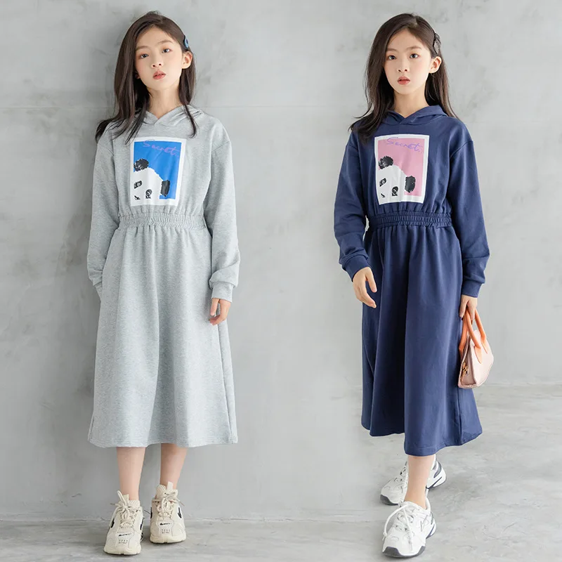 

Gray Blue Calf Length Sweatshirts Dresses For Little Big Girls Clothing Autumn 2021 Hooded Printed Cotton Dress Kids Clothes