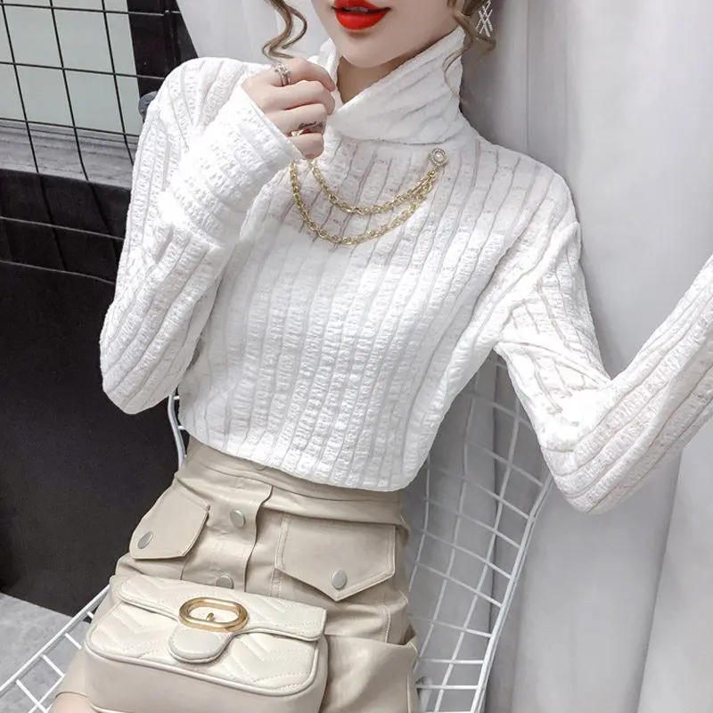 

Chic 2021 Autumn Winter New Women's Lace Turtleneck All-match Tops Shirts Female Office Ladies Solid Long Sleeves Blouses S85
