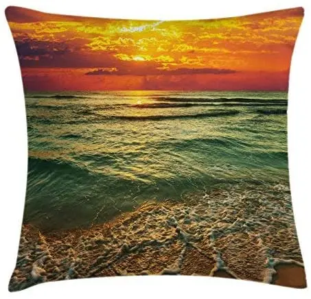 

Pooizsdzzz Ocean Throw Pillow Cushion Cover, Serenity View of Myic Sunset at Dusk Dense Clouds Wavy Sea and Beach, Decorative