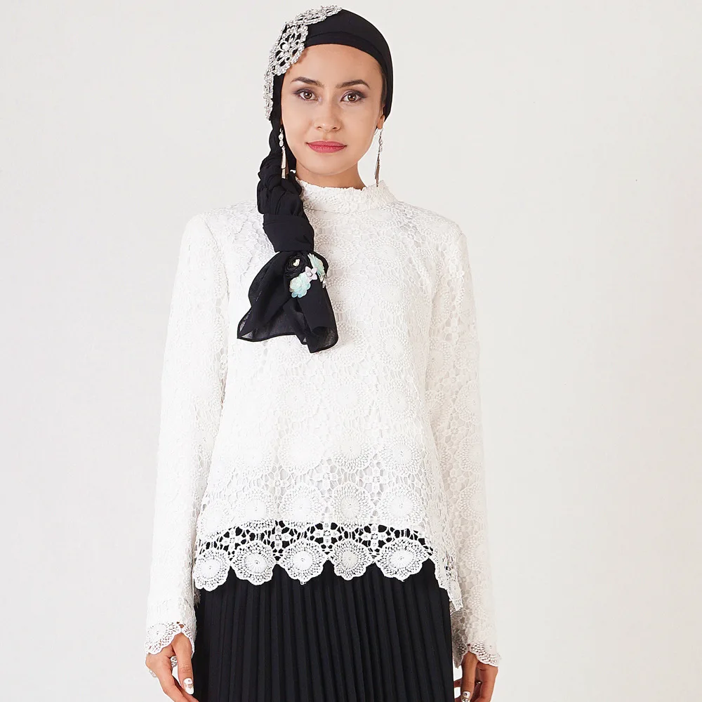 Элегантные мусульманские блузки и рубашки женские кружевные топы с длинным