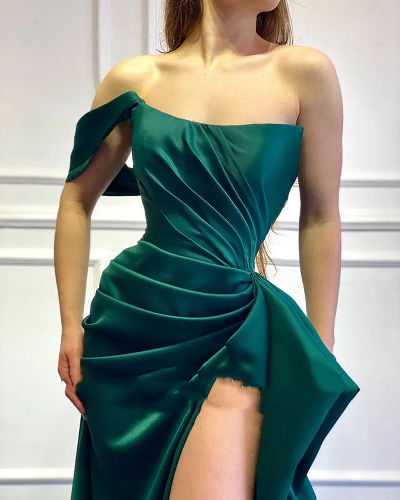Elegant Short One Sleeve Long Evening Dresses 2021 Side Split Pleats Satin Prom Gowns Formal Woman Party Robe De Soiree Custom | Свадьбы и