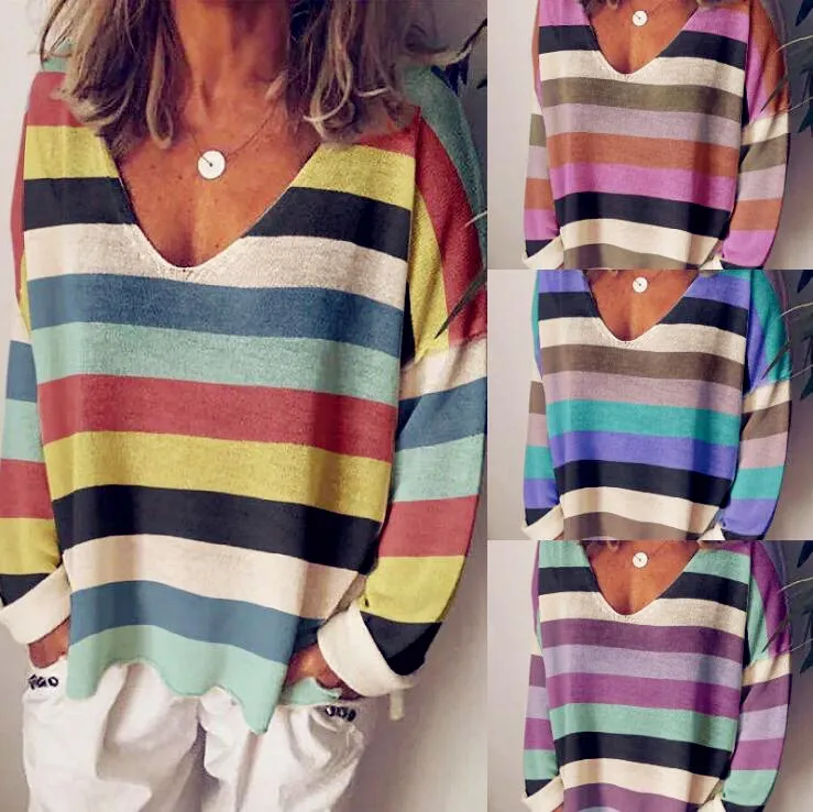 

2021 Summer Sexy Cotton Spring Women Plus Sizes Large Scenery Striped Big Loose Vintage Fashion T Shirts Tops Full Long Sleeve
