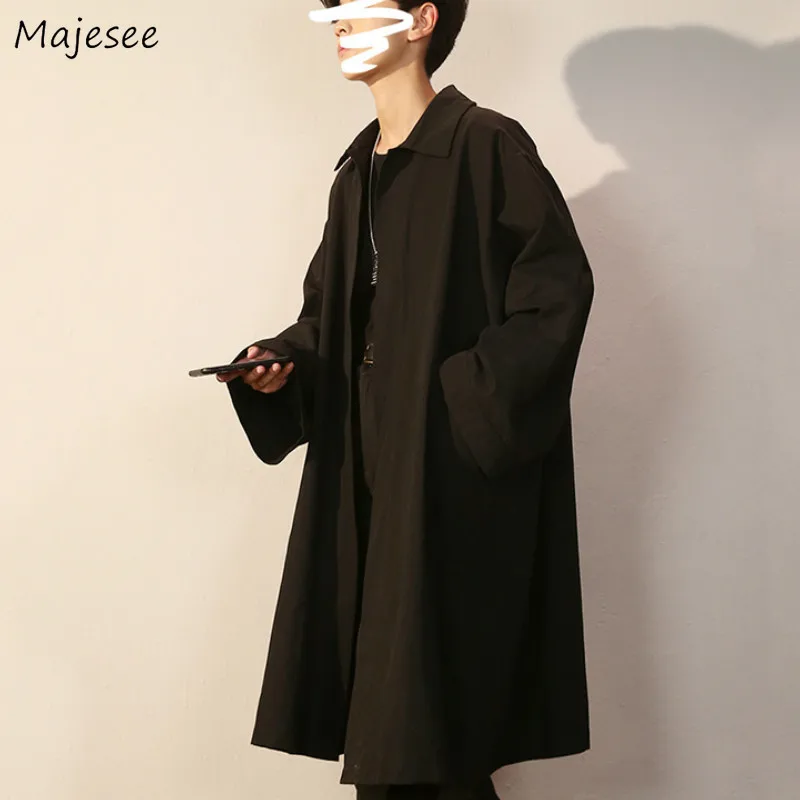 Тренчкот мужской черный средней длины утепленная Повседневная Свободная