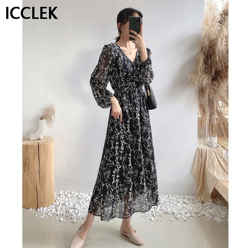 

Vintage Elegant Office Ladies Dresses 2021 Summer New Korean One Piece V-Neck Chiffon Floral Ruffle Dress Midi Dress Female