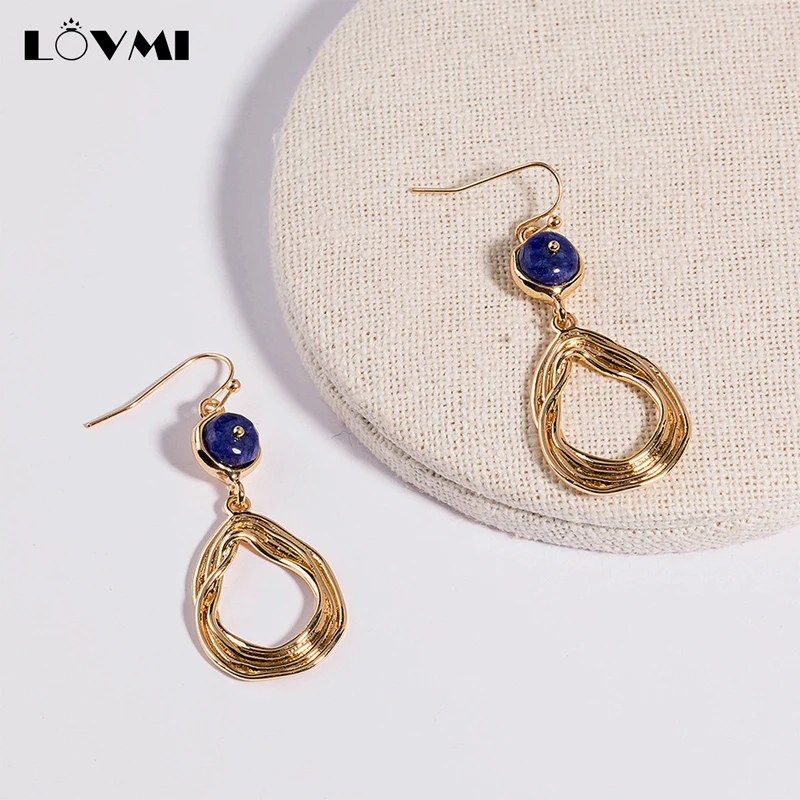 

Lovmi Classic E Girls Gold Earrings Water Drop Shape With Sapphire Natural Stone Female Eardrop Jewelry 2021 For Wedding Party