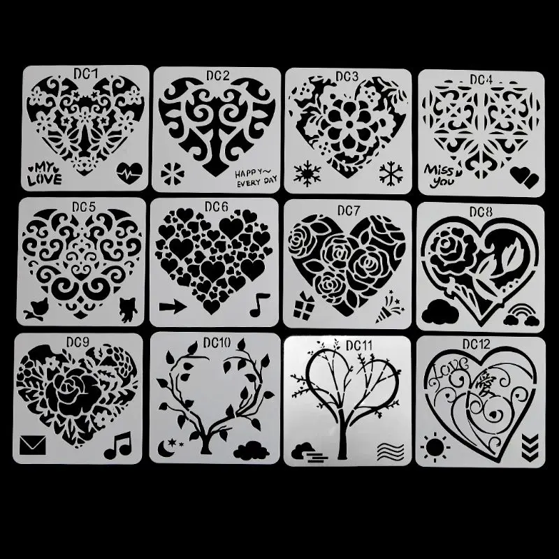 

12Pcs Flower Heart Drawing Molds Plastic Children Painting Stencils DIY Paper Art Craft Card Label Scrapbook Bookmark Toy