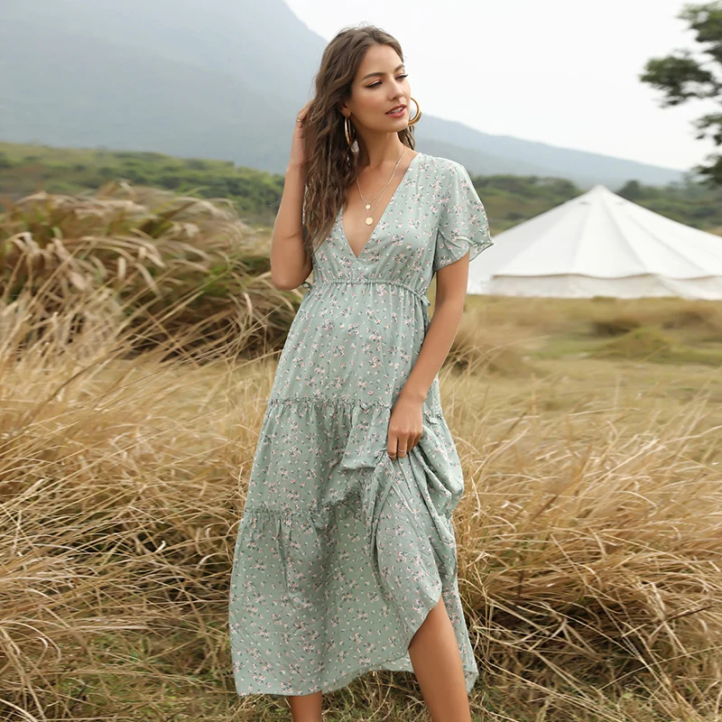 Женское богемное платье с цветочным принтом глубоким v-образным вырезом высокой