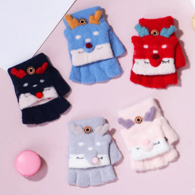 

Перчатки без пальцев в рождественском стиле для детей, милые митенки с мультяшными животными для мальчиков и девочек, зимние перчатки для д...