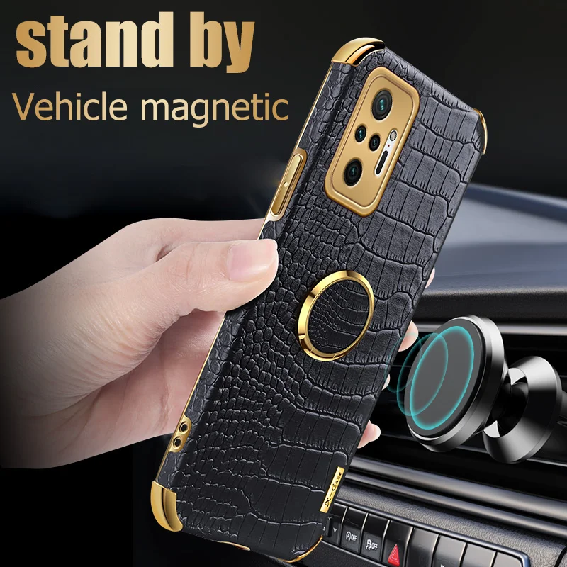 Luxury Ring Holder Shockproof Phone Case For Xiaomi Redmi Note 10 Pro MAX Note 10s Plating Crocodile Texture Leather Back Cover