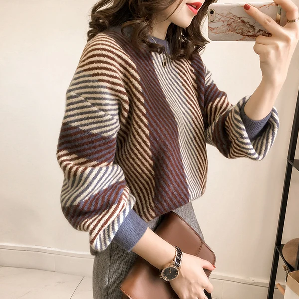 2019 Autumn winter clothes women Sweaters Geometric Stripe Pattern Long Sleeve Tops Lovely Pullovers Knitted Loose Sweater | Женская