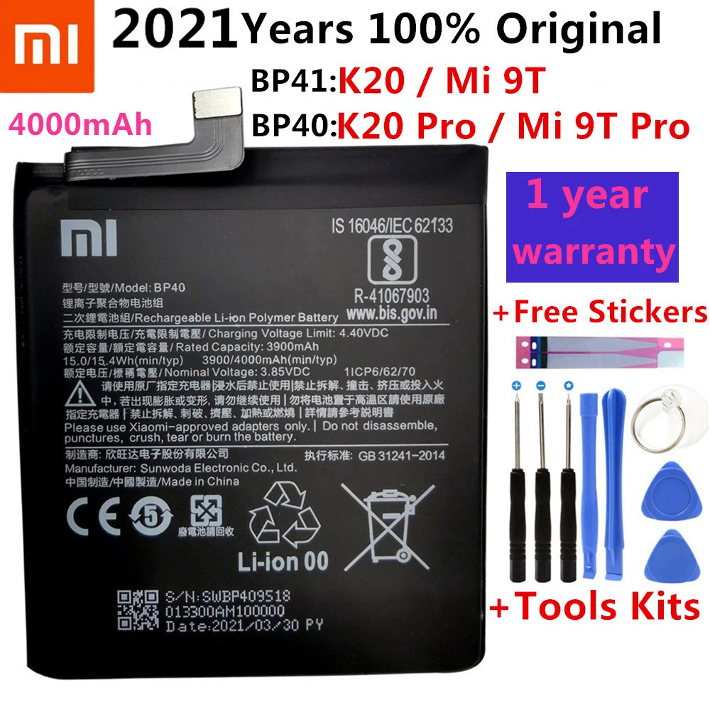 

Xiao Mi 100% оригинальный аккумулятор BP41 BP40 для Xiaomi Redmi K20 Mi 9T Pro Mi9T K20Pro 4000 мАч аккумулятор для телефона большой емкости