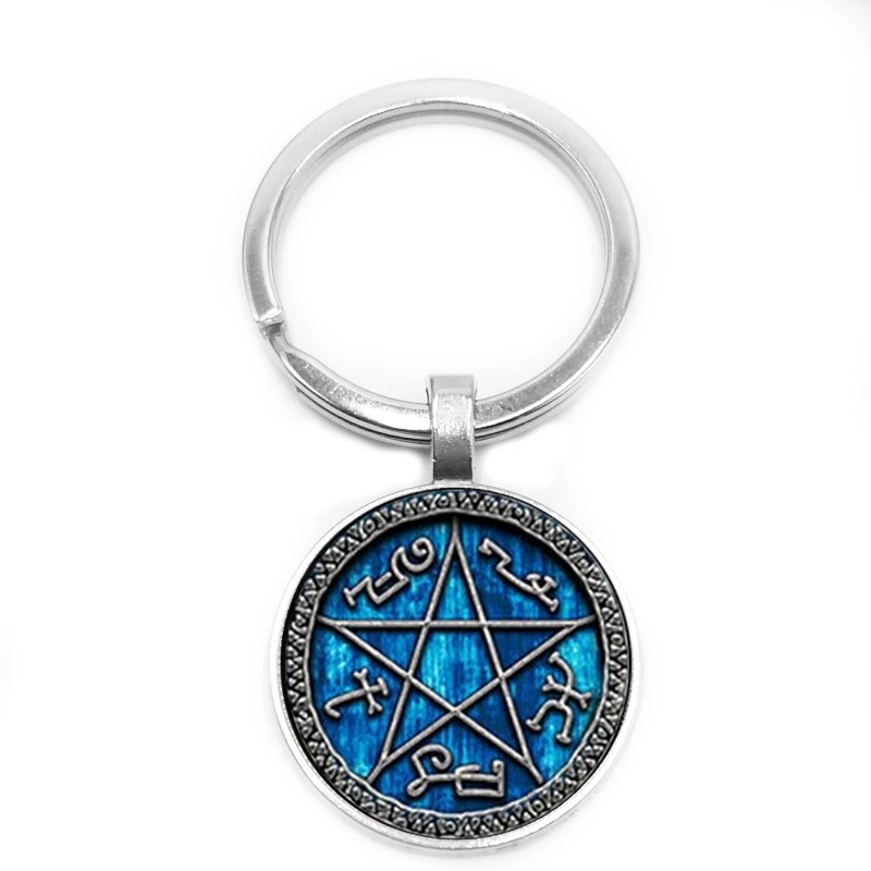 

2019 New Movie Surrounding Five-pointed Star Key Ring Ancient Text Keychain 25mm Glass Convex Round Key Ring Gift Jewelry