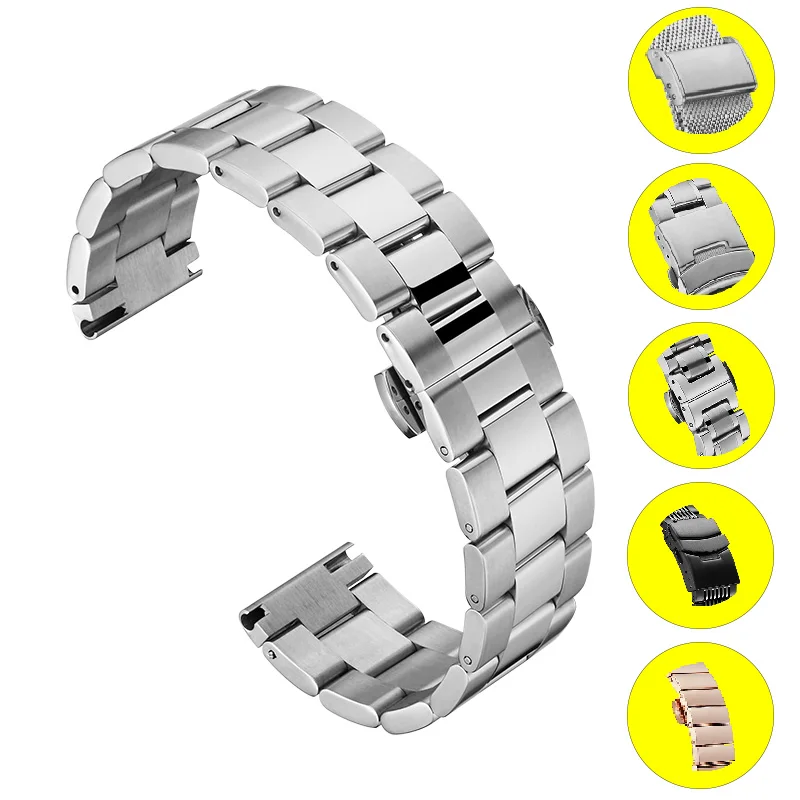 

Universal Watchband 18mm 20mm 22mm Stainless Steel Metal iWatch Band Strap Bracelet Accessories Black Rose Gold Silver SW001