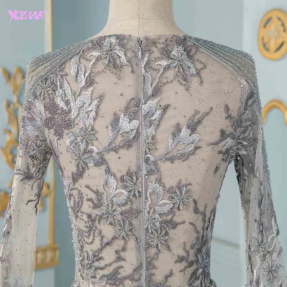 Elegant Gray Full Sleeve Embroidery Evening Dress Long Beaded Formal Gown Aline Dresses | Свадьбы и торжества