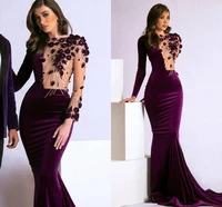 2021 luxury velvet purple evening pageant dresses long sleeves mermaid party gowns flowers beaded illusion prom dress vestidos
