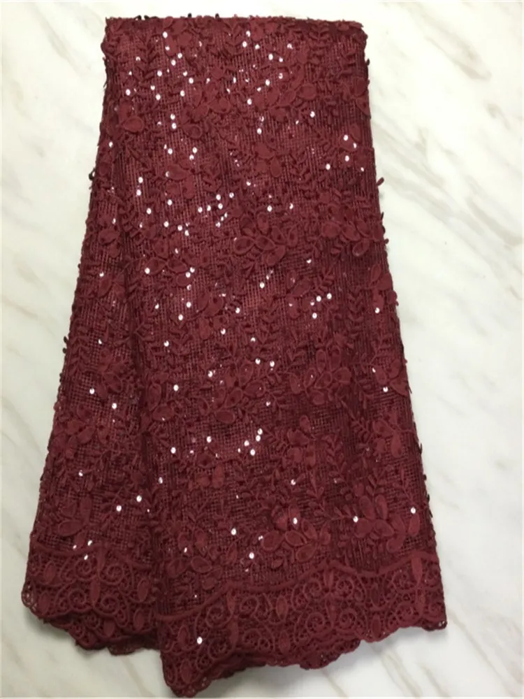 

Cheap wholesale sequins African Lace Fabric Best Selling wine red sequins Nigerian French Tulle Lace Fabric 5yard/lot FP1117