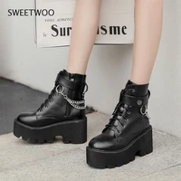 sexy chain women leather autumn boots block heel gothic black punk style platform shoes female footwear high quality