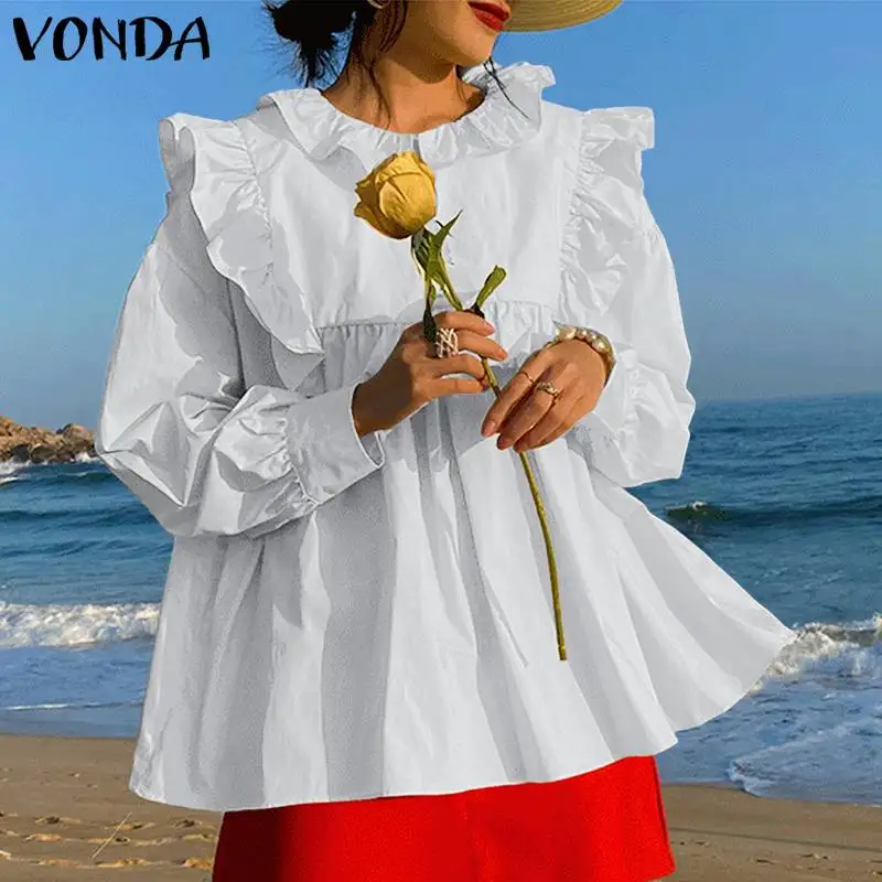

Женские элегантные офисные рубашки 2021 VONDA с длинным рукавом однотонные Цвет повседневные топы; Гофрированная кромка; Кружевные блузки Femininas