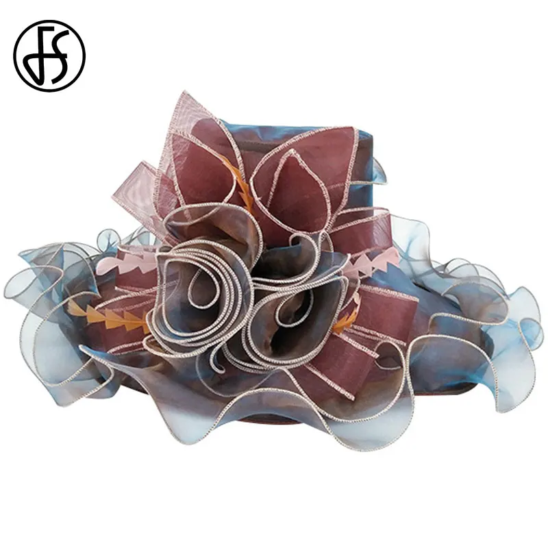 

FS Sun Hat Women Summer 2021 Blue Flower Large Wide Brim Kentucky Derby Hats For Wedding Church Fedora Party Fedora Organza Hats