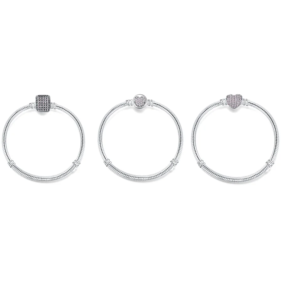 

925 Sterling Silver Pink Color Charm Basic Bracelets For Women Crystal Clip Snake Chain Bracelet For Women Wedding Jewlery
