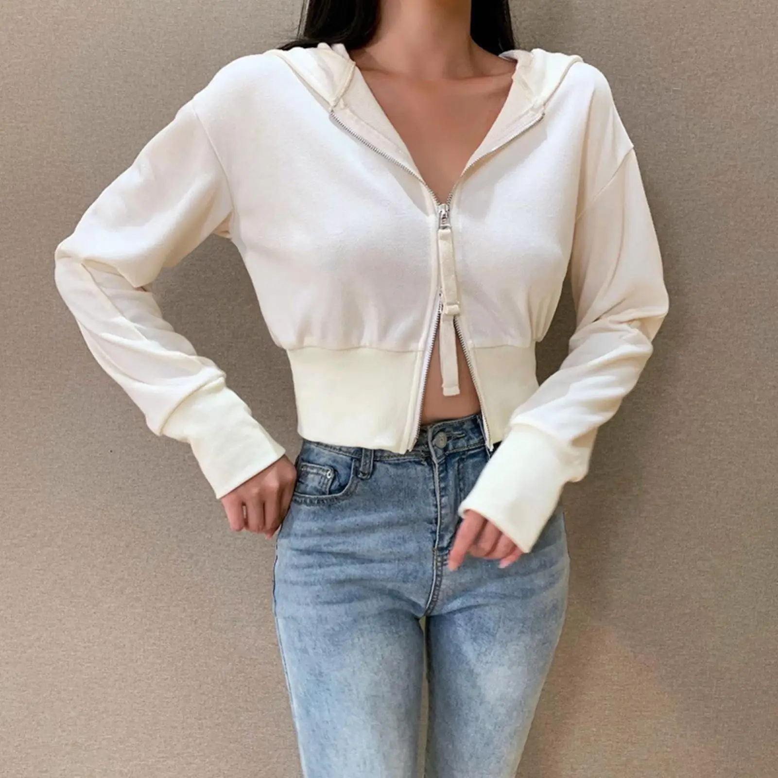 

Autumn Winter Women Double-Zipper Long Sleeve Crop Top Sweatshirt Solid Color Slim Hoodie Coat female clothes White Sexy Hoody