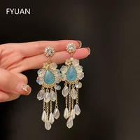 fyuan blue water drop crystal earrings for women long tassel pearl dangle earrings statement jewelry