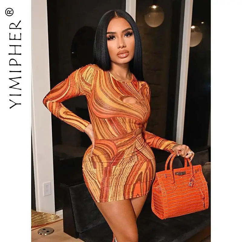 

Модное облегающее платье с принтом, сексуальный наряд на день рождения для женщин, осень 2021, Клубное платье мини с длинным рукавом и вырезам...