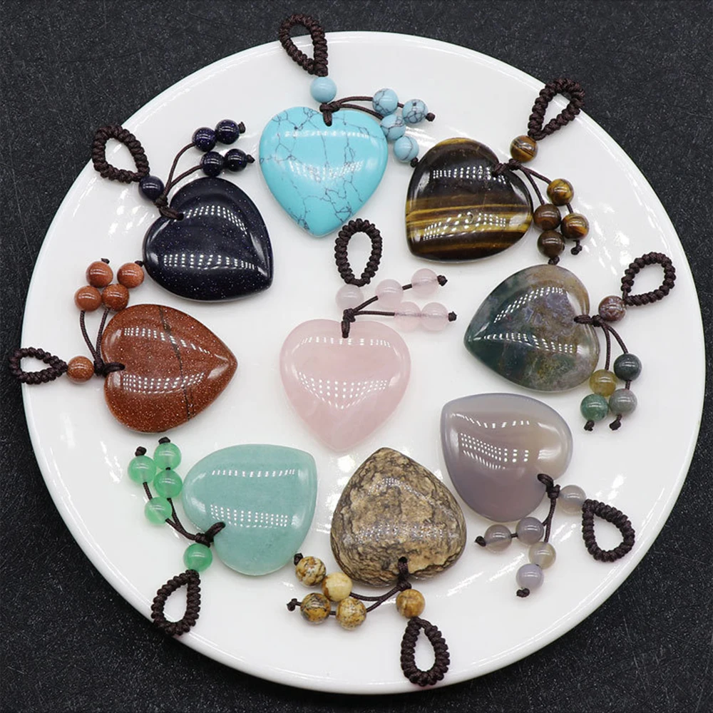 

10pcs Natural Heart Shaped Stone Keychain for Handbag Purse Mini 2.5cm Reiki Rose Quartz Crystals Energy Healing Gems Key Rings