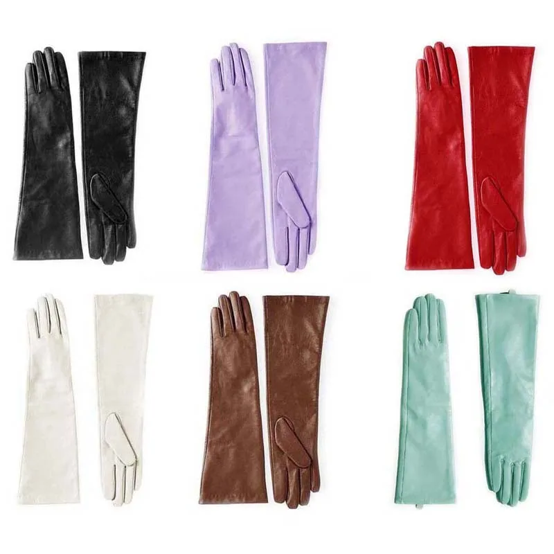 

40cm(15.75") long plain real top sheep leather evening long gloves red black brown beige