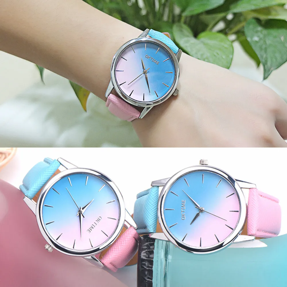 

Retro Rainbow Design Quartz Watch Alloy Dial Leather Strap Casual Woman's Watch Bracelet Wristwatch Femme Relojes Para Mujer