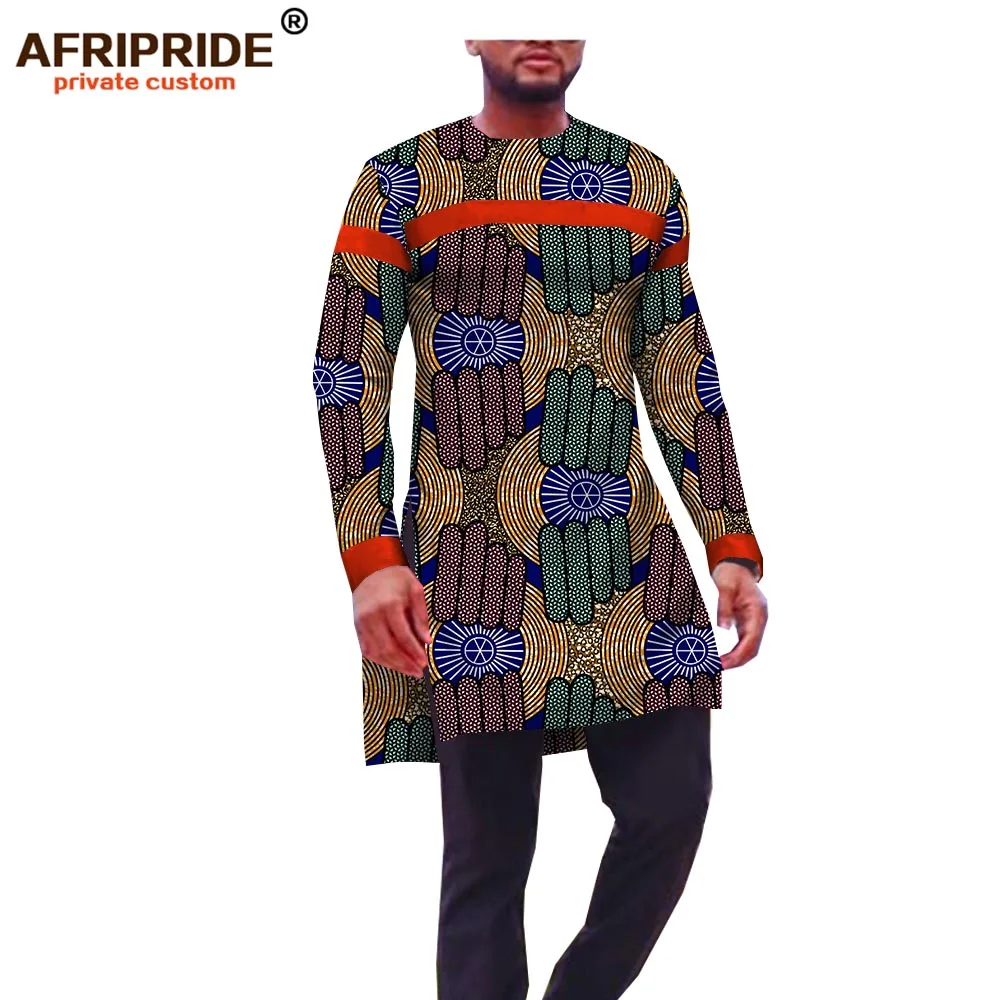 Африканская Повседневная рубашка для мужчин AFRIPRIDE сделанная на заказ рубашка с длинным рукавом и круглым вырезом с длинным разрезом по бокам африканская восковая хлопковая рубашка A1812002 - Цвет: 491J