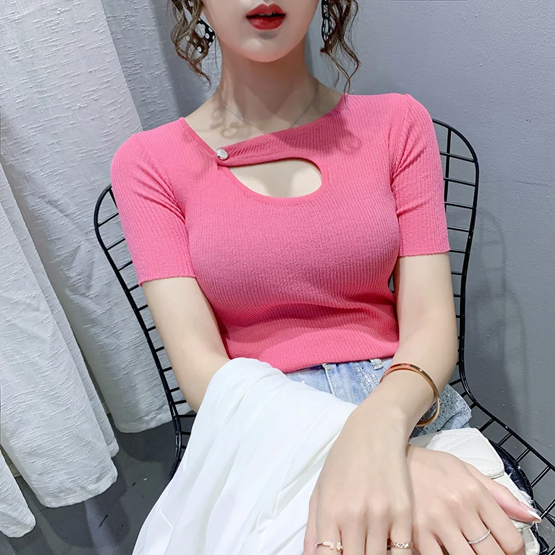

2021 Summer New Internet Celebrity Ins Super Popular Ice Silk Sweater Clavicle Top Sweet Potato Purple Short Sleeve T-shirt