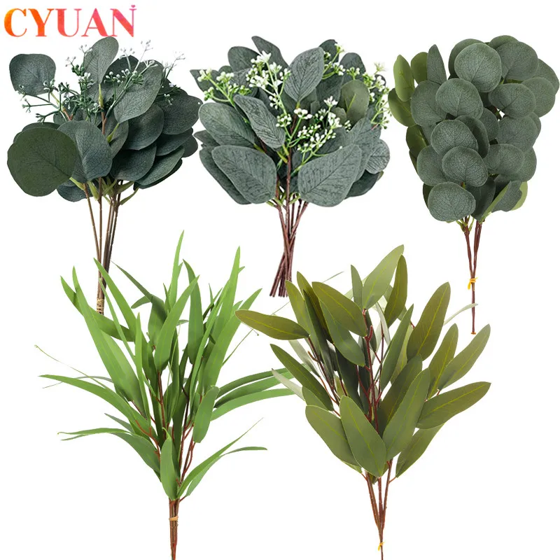 

5pcs Artificial Plants Eucalyptus Green Leaves Fake Flower Plant Decorative Flower Wreaths Wedding Decoration Home Table Decors