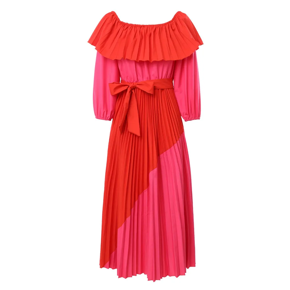 

2020 Autumn Womens Dress Vintage Long Maxi Dress Ladies Slash Neck Long Sleeve Loose Red Pink Contrast Color Dresses Vestidos